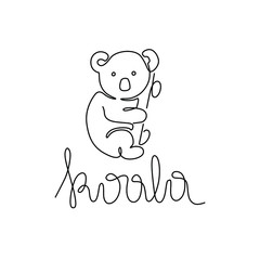 Cute koala animal, continuous line drawing, small tattoo, print for clothes and logo design, emblem or logo design, silhouette one single line on a white background, isolated vector illustration.