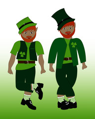 Two cute leprechauns are dancing traditional irish dance. Good St. Patrick's Day decoration or playbill of Irish Dance Show.