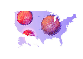 coronavirus in usa, map, virus spread, treatment, symptoms, news, dangerous flu strain cases as a pandemic medical health risk concept with disease cells as a 3D render