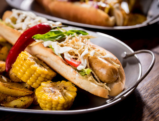 Hotdogs and French fries on a dishes. Fast food meal. Restaurant.