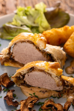pork filet in puff pastry with croquettes