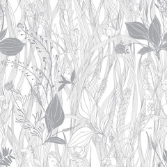 Seamless vector pattern with meadow wildherbs and wildflowers on a white background. Outline and silhouette. Monochrome.