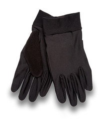 A pair of black gloves shot straight on, isolated on white with a drop shadow.