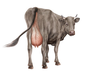 vache laitière, elle regard, gris, coeur, amour, du dos, animal, ferme, joli, belle, bétail, brun, gazon, mamelle, blanc, agriculture, champ, taureau, fond blanc, mammifère, mollet, vert, prairie, boe