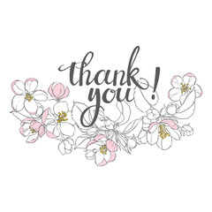 Thank you! Vector illustration with flowers of apple tree and handmade calligraphy on white background.