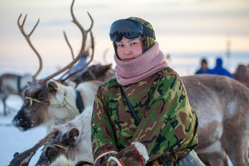  Far North, Yamal Peninsula, Reindeer Herder's Day, local residents in national clothes of Nenets - obrazy, fototapety, plakaty