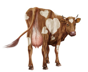 vache laitière, elle regard, roux et blanc, coeur, amour, du dos, animal, ferme, joli, belle, bétail, brun, gazon, mamelle, blanc, agriculture, champ, taureau, fond blanc, mammifère, mollet, vert, pra