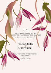 Heliconia exotic flower. Watercolor vector floral illustration buds and leaves elements foliage rainforest wedding invite. Wild flowers art in vector