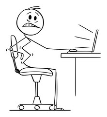 Vector cartoon stick figure drawing conceptual illustration of man or businessman or office worker suffering pain in back while working on computer.