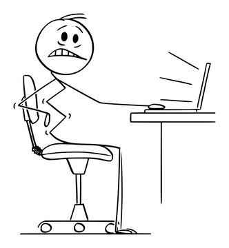 Vector cartoon stick figure drawing conceptual illustration of man or businessman or office worker suffering pain in back while working on computer.