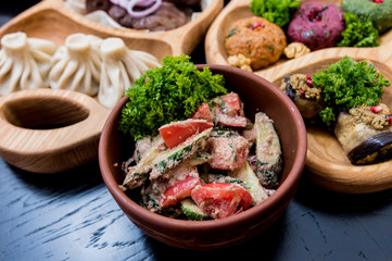 Georgian cuisine food set. Georgian restaurant. Restaurant background.