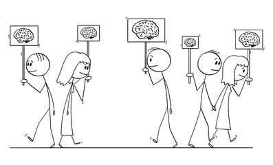 Vector cartoon stick figure drawing conceptual illustration of crowd of people walking on the street holding signs with brain image showing their intellect. Concept of human intelligence.