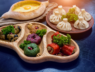 Georgian cuisine food set. Georgian restaurant. Restaurant background.