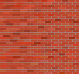 Wall of red ceramic bricks of different colors. Plain brickwork on cement mortar. Vector background.