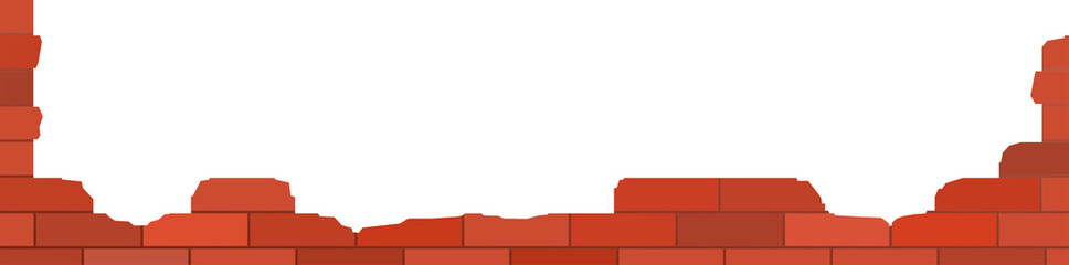 Destroyed brick wall. Horizontal background image for bottom placement. Red ceramic brick. Isolated vector.