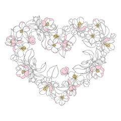 Plakat Blooming apple tree branches on white. Heart shaped composition. Vector. Perfect for greeting cards and invitations or an element for your design.