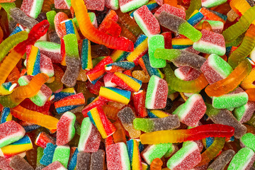 Assorted gummy candies. Top view. Jelly  sweets background.
