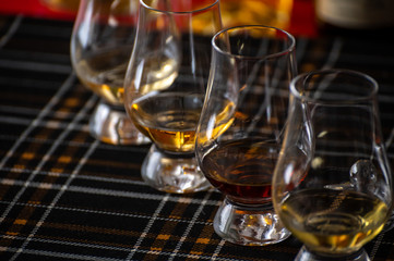 Four Special tulip-shaped glasses for tasting of Scotch whisky on distillery in Scotland, UK and...