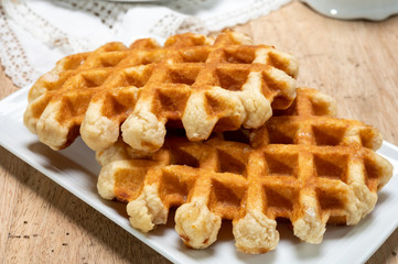 Tasty Belgian dessert, homemade Brussels sugar waffles