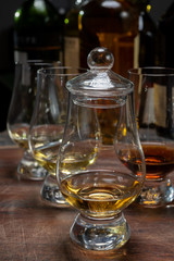 Fototapeta na wymiar Tasting of flight of Scotch whisky from special tulip-shaped glasses on distillery in Scotland, UK
