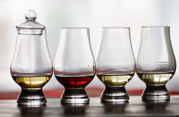 Tasting of flight of Scotch whisky from special tulip-shaped glasses on distillery in Scotland, UK