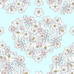 Seamless pattern with blooming apple tree branches in the shape of a heart on blue. Floral vector background.