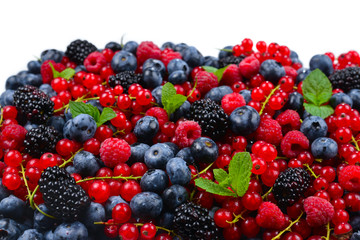 Blackberry, raspberry, blueberry,  red currant and mint background.