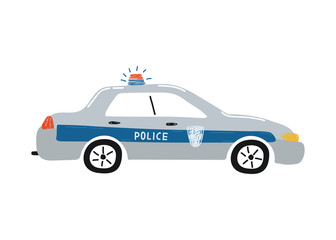 Cute police car isolated on a white background. Icon in hand drawn style for design of children's rooms, clothing, textiles. Vector illustration