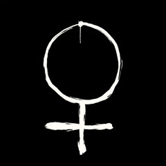 Gender symbol and sex sign - pictogram and glyph of woman, girl and female. Gritty, rough and rugged white illustration on black background.