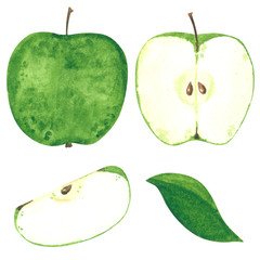 Green apple clipart set. Hand drawn watercolor illustration isolated on white, cartoon style.