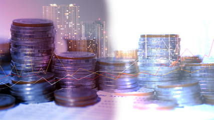 Financial investment concept, Double exposure of city night and stack of coins for finance investor, Forex trading candlestick chart economic , ECN Digital economy, business, Poke lights, SME.