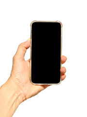 hand holding smart phone isolated on white