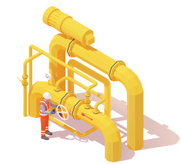 Vector isometric gas or oil production operator opens pipe valve. Yellow oil or gas pipes, manometer, valves, operator in workwear to open or close pipeline valve. Opening or closing pipeline valve