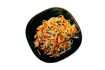 Japanese food on a black plate, isolated