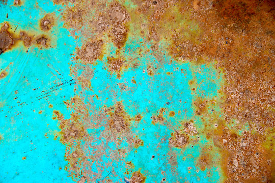 Texture of iron with rust and peeling blue paint