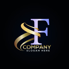 F silver Letter luxury logo with golden ribbon 