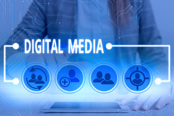 Writing note showing Digital Media. Business concept for digitized content that can be transmitted...