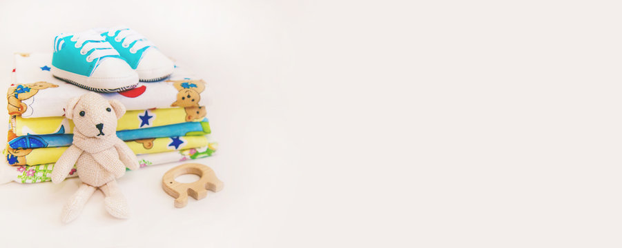 newborn. baby accessories on a light background. Selective focus.