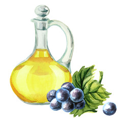 Glass bottle of Grape oil. Hand drawn watercolor horizontal  illustration,  isolated on white background