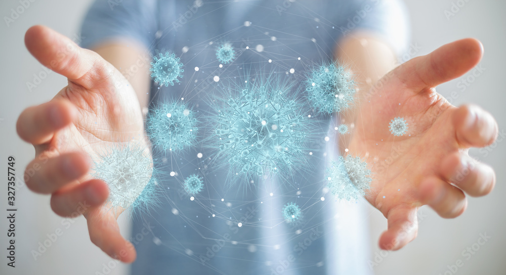 Poster Man analyzing bacteria with digital holographic projection close-up 3D rendering