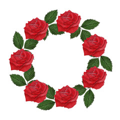 Beautiful watercolor red rose wreath with green leaves.Isolated on a white background.