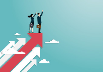 Businessman and woman raise hand standing on red arrow
