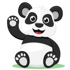 Panda bear sits and waves a friendly paw on a white. Character