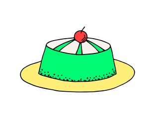 Hand-drawn color vector drawing. Traditional Sicilian cassata, cassatini on a plate decorated with fruits. Festive Italian dessert for Easter made of biscuit, marzipan and ricotta cheese.