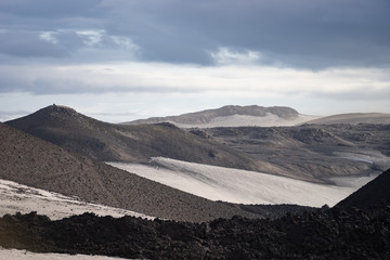 Beautiful landscape with glacier on the Fimmvorduhals trail of summer sunny day, Iceland