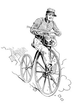 French humor and caricature: city guard on duty riding a high wheel bicycle
