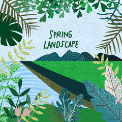 Spring Nature. Cute vector illustration of landscape natural background, village, River, forest and trees.