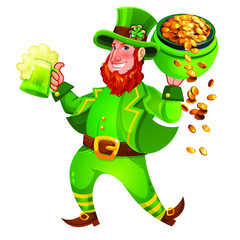 St Patrick's Day mascot character. Funny Leprechaun. Cute cartoon wearing green costume.Holding a pot of gold.Vector illustration on white background.