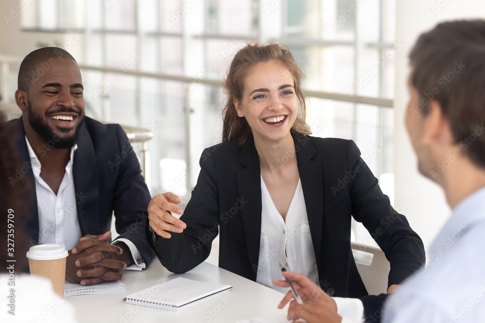 Poster happy laughing black man and woman break in business negotiations