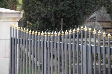Golden spikes iron private property portal - obrazy, fototapety, plakaty